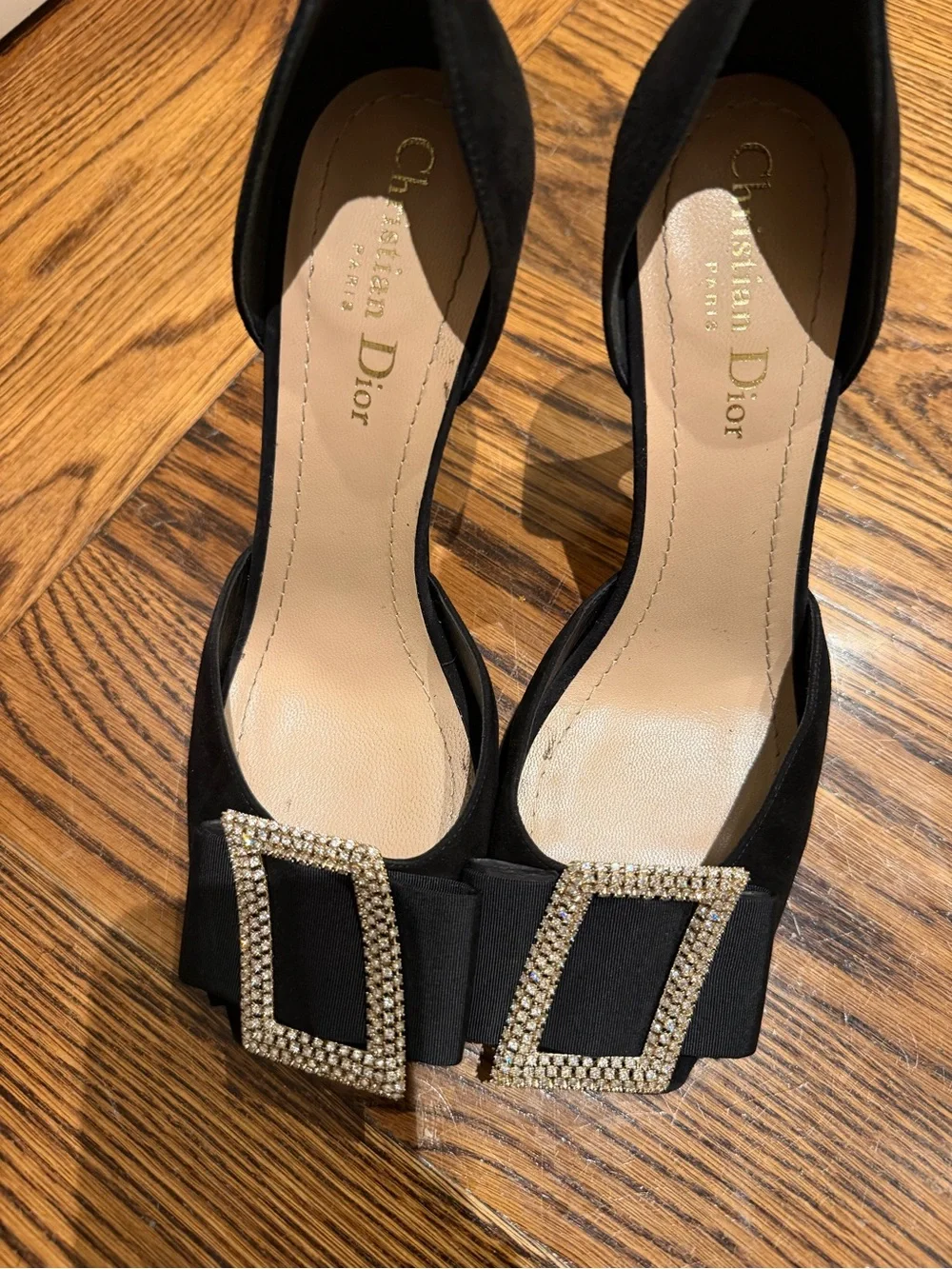 Dior Black Satin D’Orsay Pumps with Crystal Buckle